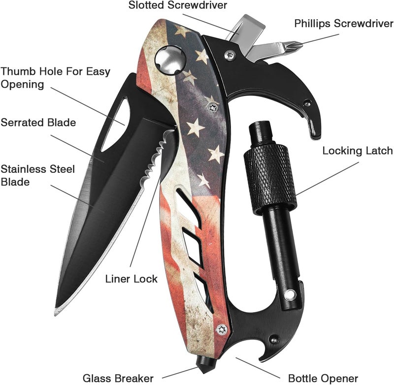 FUNBRO Multitool Carabiner Knife Tools for Men, Cool Gadgets Survival Gear with Folding Knives, Bottle Opener, Window Breaker and Screwdriver for Hiking Camping, 7-in-1 EDC Multi Tool (USA Flag) - Image 4
